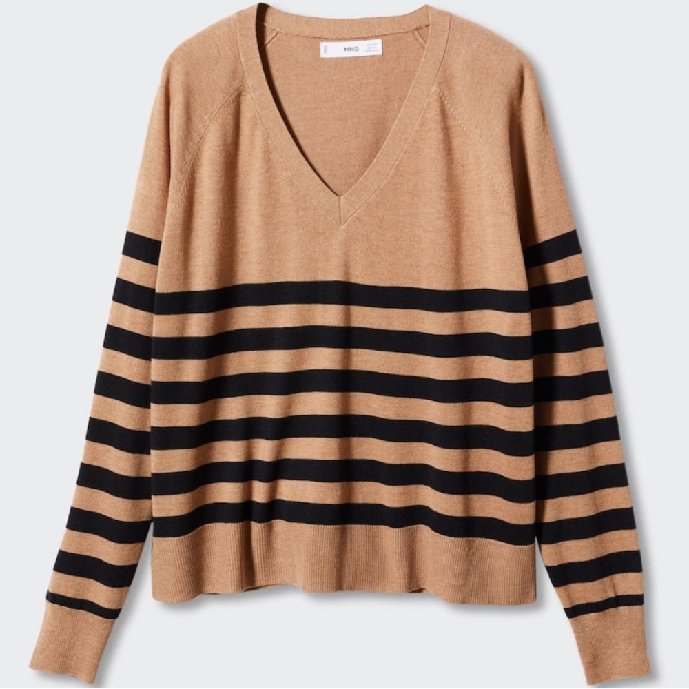 NWT Mango Striped V Neck Knit Sweater Size Medium